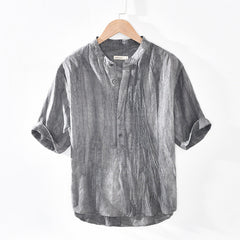 Men's Summer Henley Collar Short Sleeve Linen Shirt, Standing Collar Loose 100% Linen Shirt