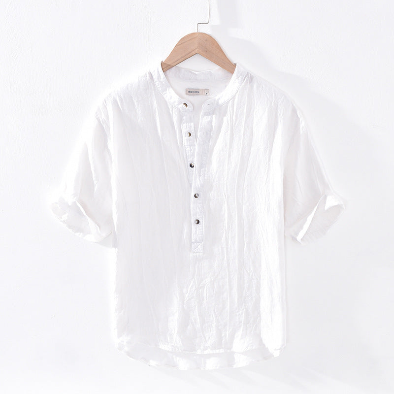 Men's Summer Henley Collar Short Sleeve Linen Shirt, Standing Collar Loose 100% Linen Shirt