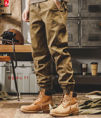 Men's loose cotton casual cargo pants, elasticated waist cotton workwear ankle pants