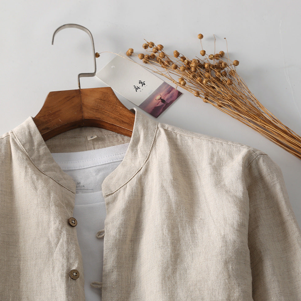 Summer stand-up collar linen shirt, men's 100% linen shirt