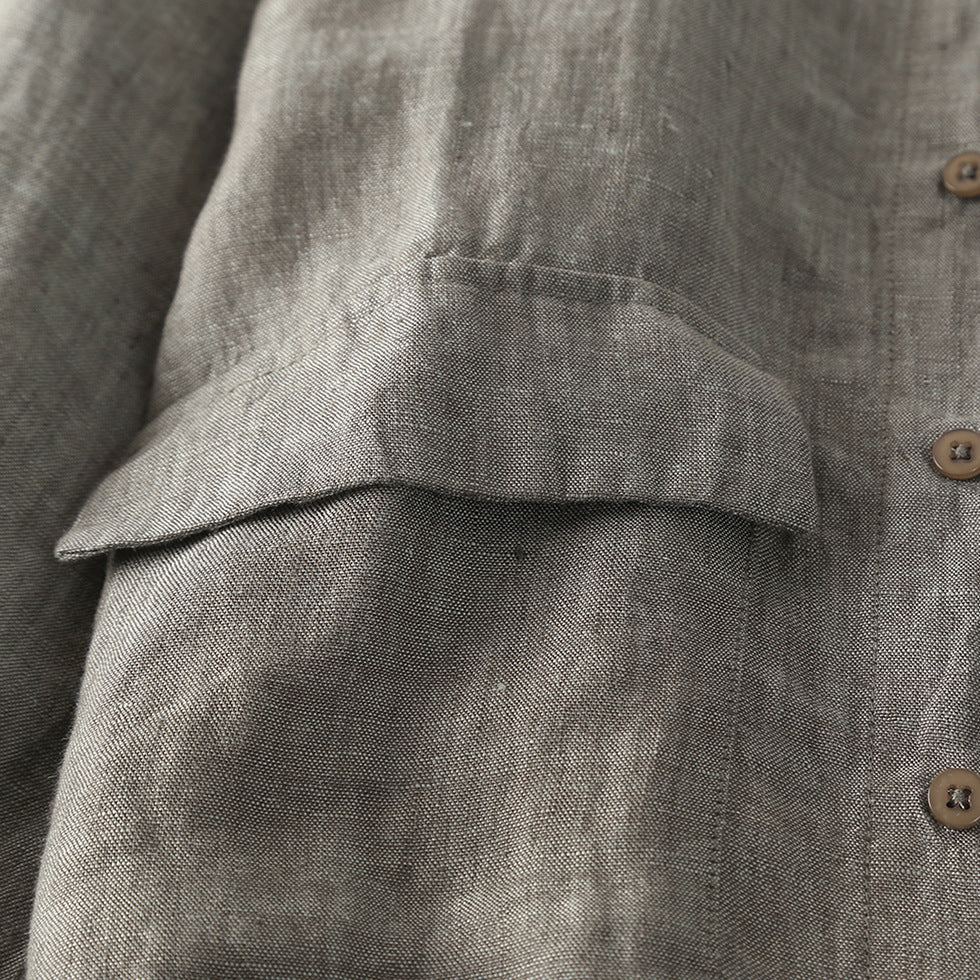 Summer stand-up collar linen shirt with pockets,Men's 100% Linen Shirt