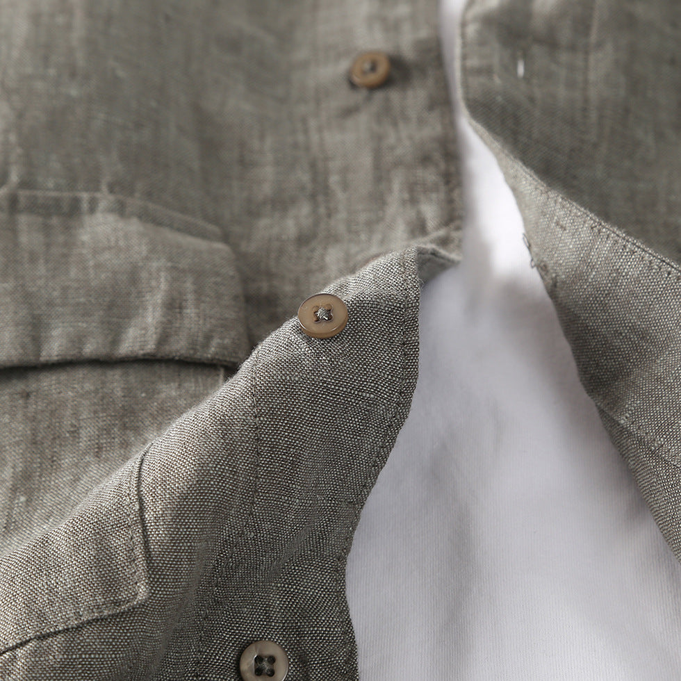 Summer stand-up collar linen shirt with pockets,Men's 100% Linen Shirt