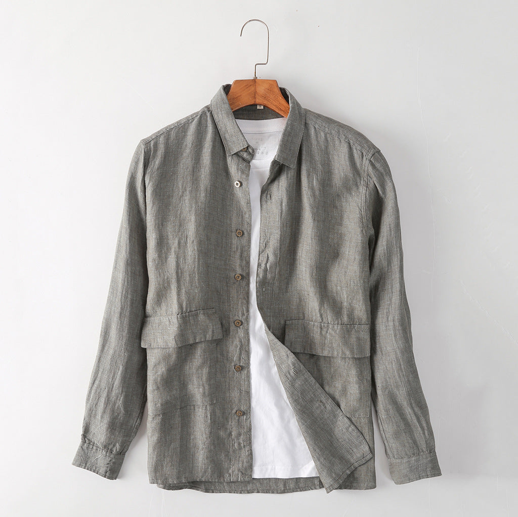 Summer stand-up collar linen shirt with pockets,Men's 100% Linen Shirt