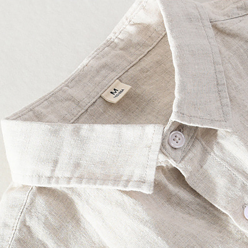 Men's summer short-sleeved linen shirt, stand-up collar loose 100% linen shirt