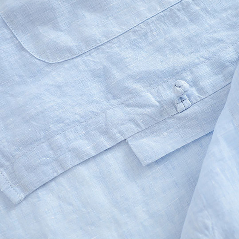 Summer short sleeve linen shirt, vintage stand-up collar frog button 100% linen shirt