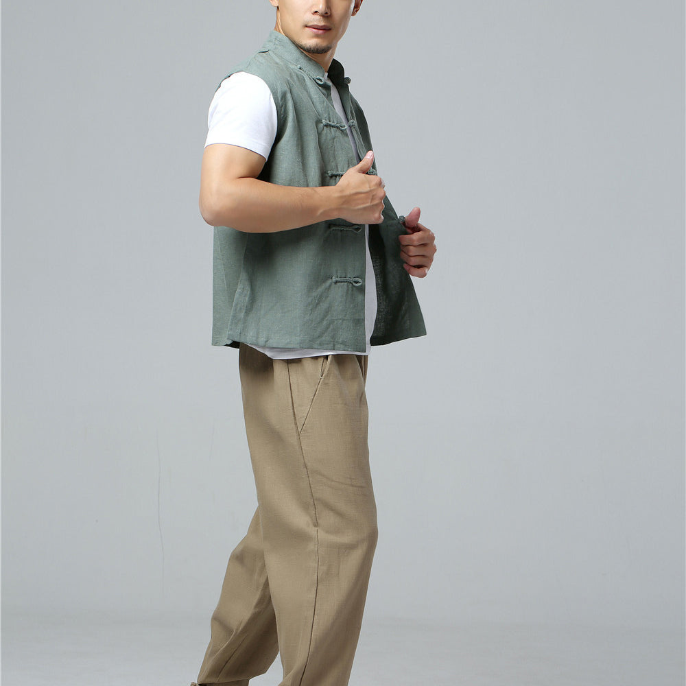 Summer Men's Frog Button Sleeveless Cotton  Linen Shirt, Standing Collar Casual Cotton and Linen Sleeveless Jacket