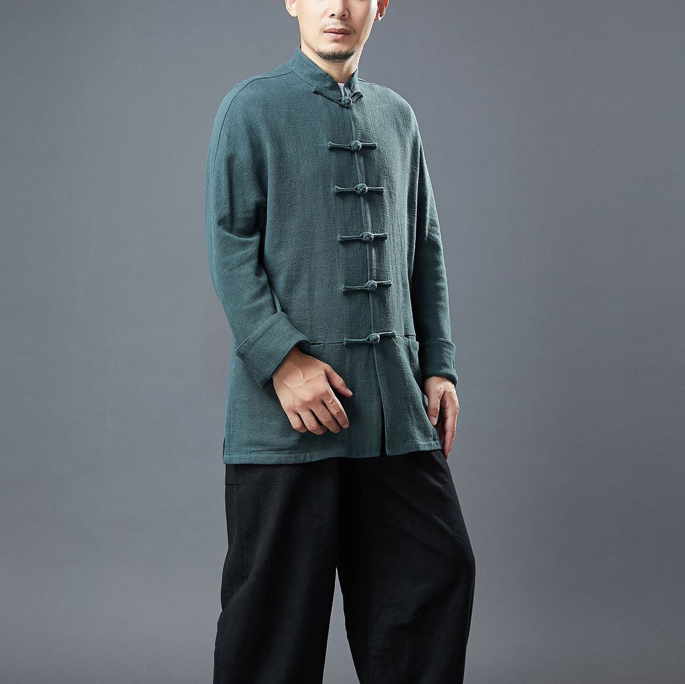 Standing collar loose linen jacket, frog button casual kung fu jacket