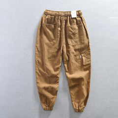 Men's summer cotton linen tapered pants, elastic waist cotton linen ankle pants with decoration