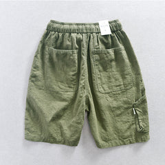 Men's summer cotton linen shorts, elastic waist cotton linen  shorts with decoration