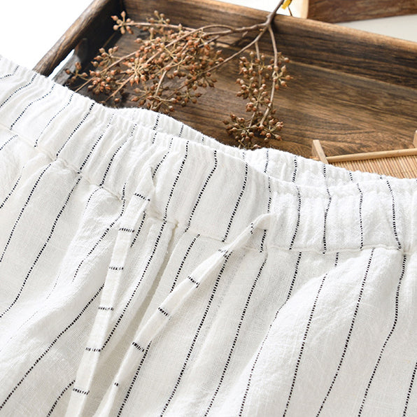 Summer cotton linen striped shorts, loose  casual summer striped shorts