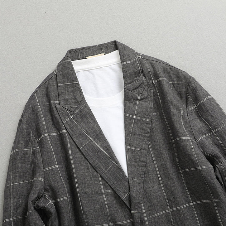 Plaid Linen Suit Jacket, Vintage Chinese Casual Cotton and Linen Suit Jacket