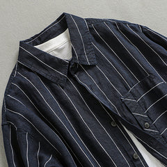 100% Linen Shirt, Blue Stripe Loose Casual Linen Shirt