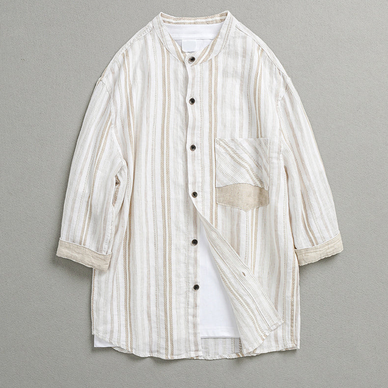 Summer half-sleeve linen shirt, men's vintage loose casual shirt