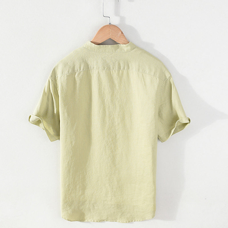 Summer short sleeve linen shirt, stand-up collar loose 100% linen shirt