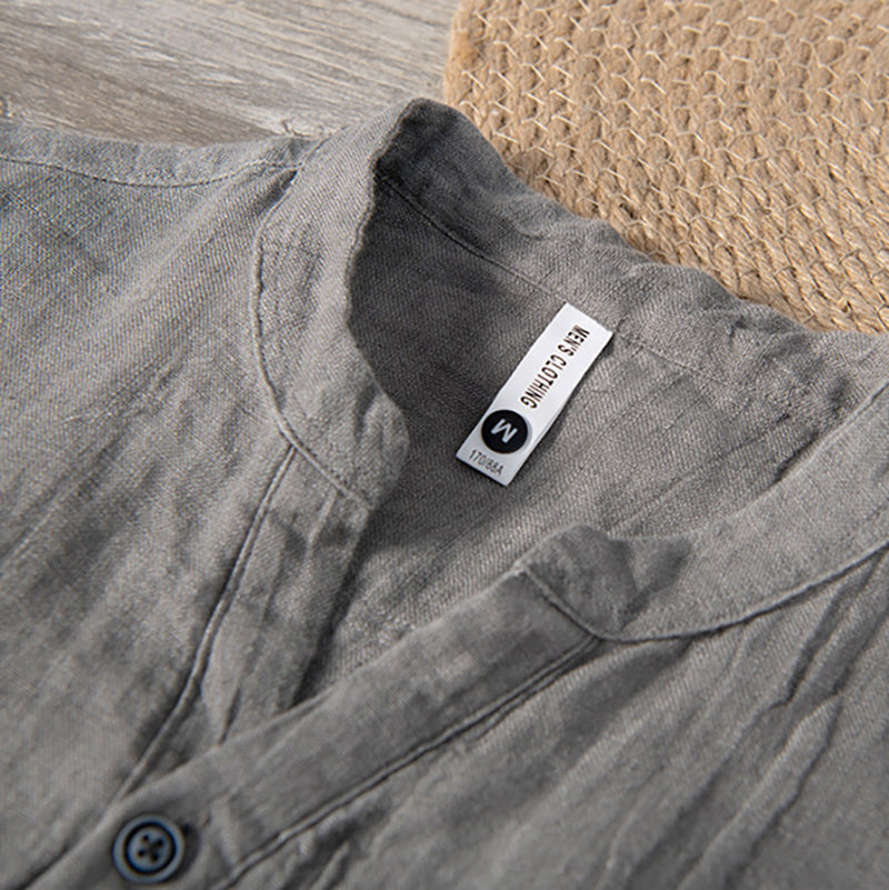 Henry collar 100% linen shirt, vintage loose casual pleated linen shirt