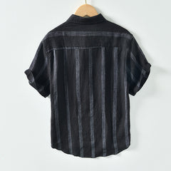 Men's summer striped short-sleeved linen shirt, stand-up collar loose 100% linen shirt