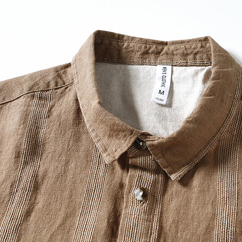 Men's summer striped short-sleeved linen shirt, stand-up collar loose 100% linen shirt