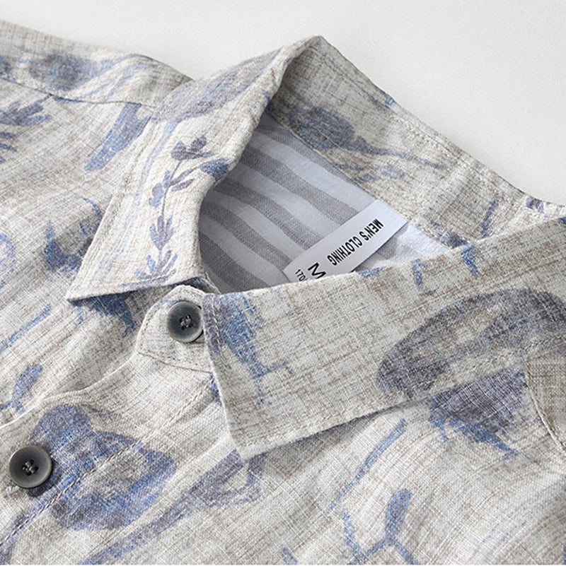 Printed Floral Linen Shirt, Summer Short Sleeve 100% Linen Shirt