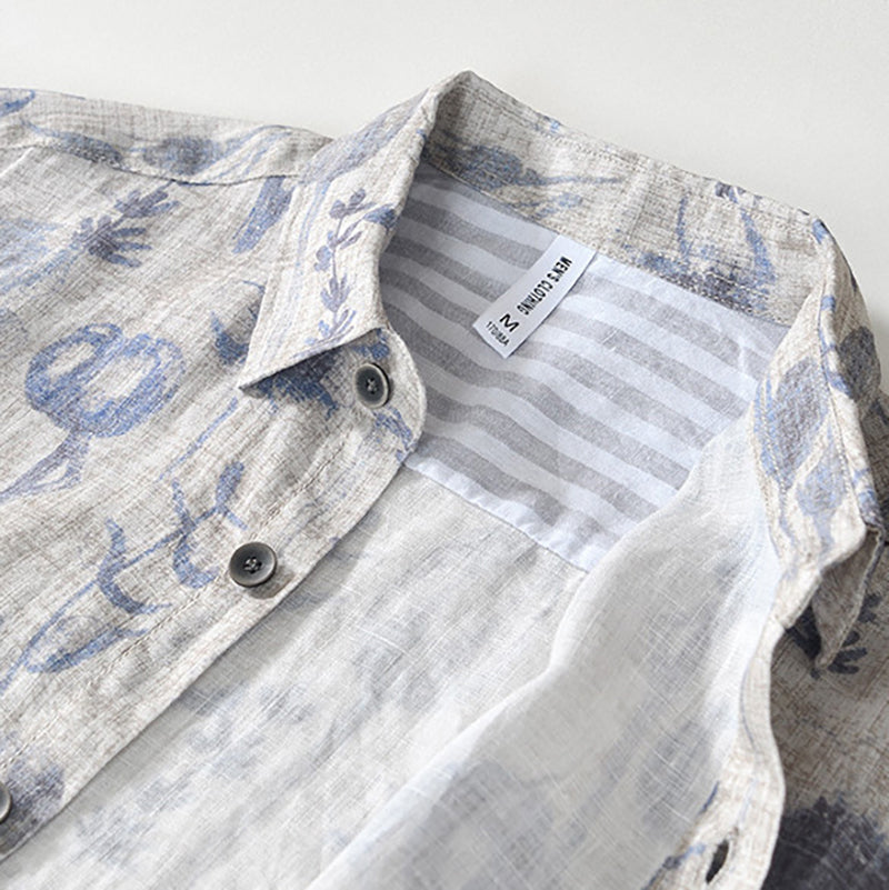 Printed Floral Linen Shirt, Summer Short Sleeve 100% Linen Shirt