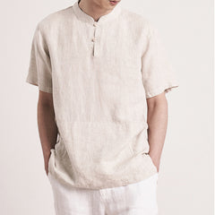 Summer short sleeve boat collar frog button linen shirt, loose casual summer shirt