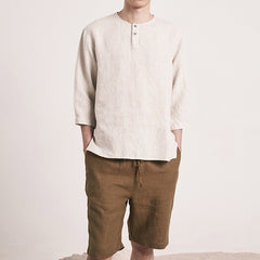 Vintage Linen Half Sleeve Shirt, Loose Boat Neck Casual Linen Shirt