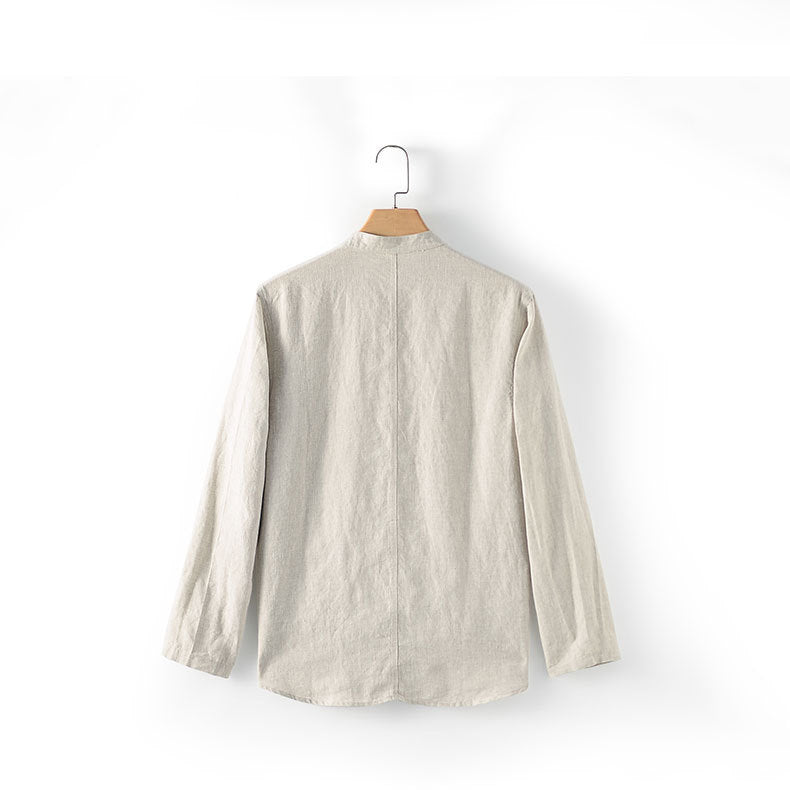 Long Sleeve Standing Collar Linen Shirt, Men's 100% Linen Shirt