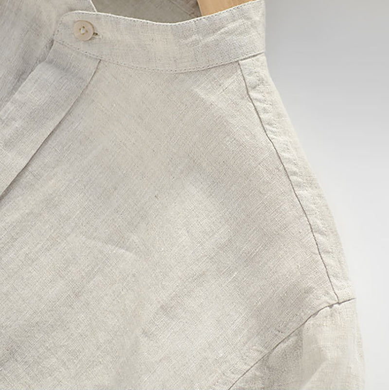 Summer stand-up collar short sleeve linen shirt, vintage frog button 100% linen shirt