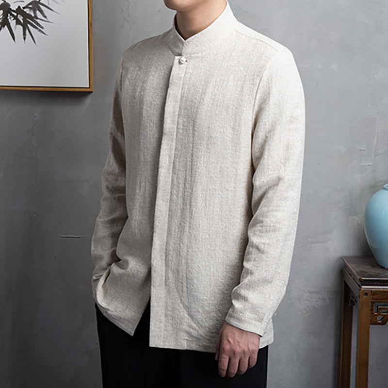 Men's stand-up collar cotton linen long-sleeved shirt, retro Chinese cotton linen casual shirt