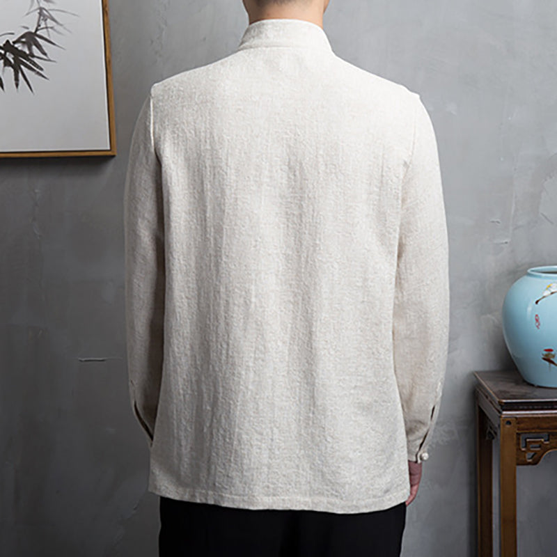 Men's stand-up collar cotton linen long-sleeved shirt, retro Chinese cotton linen casual shirt