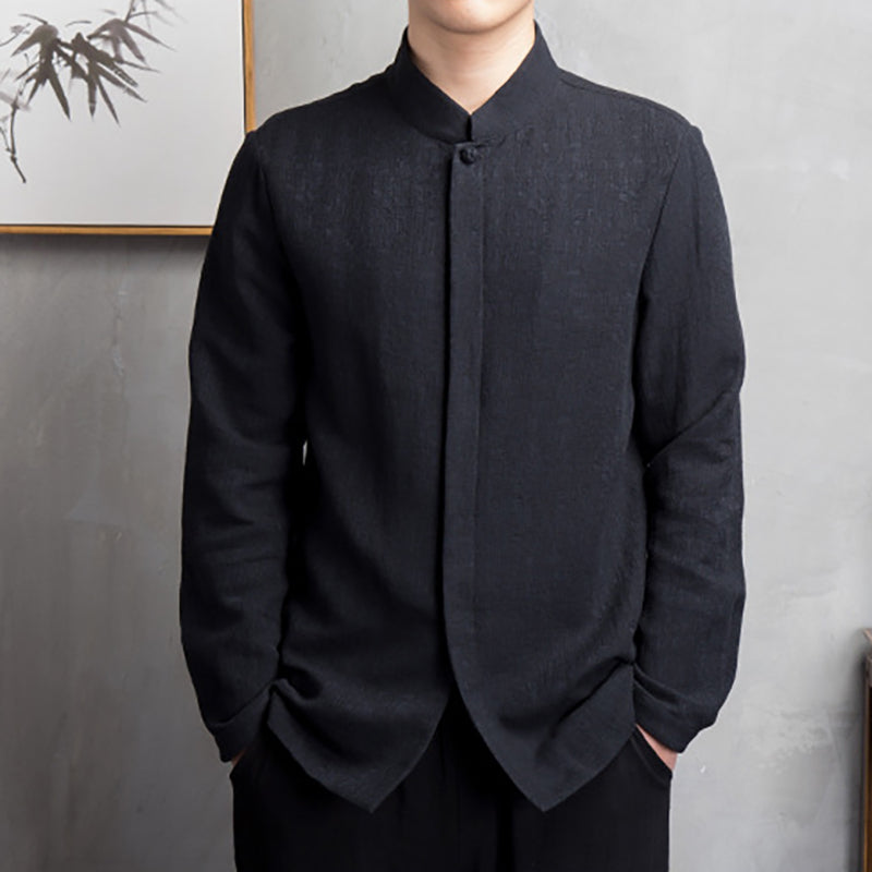 Men's stand-up collar cotton linen long-sleeved shirt, retro Chinese cotton linen casual shirt