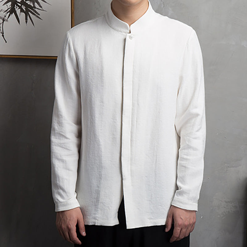 Men's stand-up collar cotton linen long-sleeved shirt, retro Chinese cotton linen casual shirt