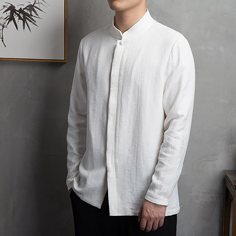 Men's stand-up collar cotton linen long-sleeved shirt, retro Chinese cotton linen casual shirt