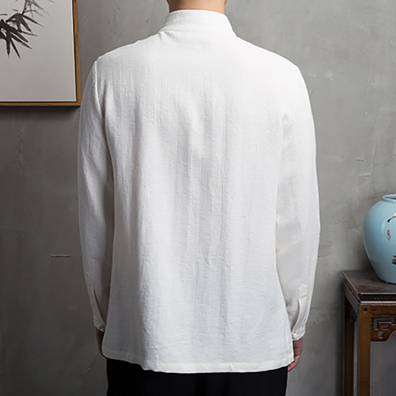 Men's stand-up collar cotton linen long-sleeved shirt, retro Chinese cotton linen casual shirt