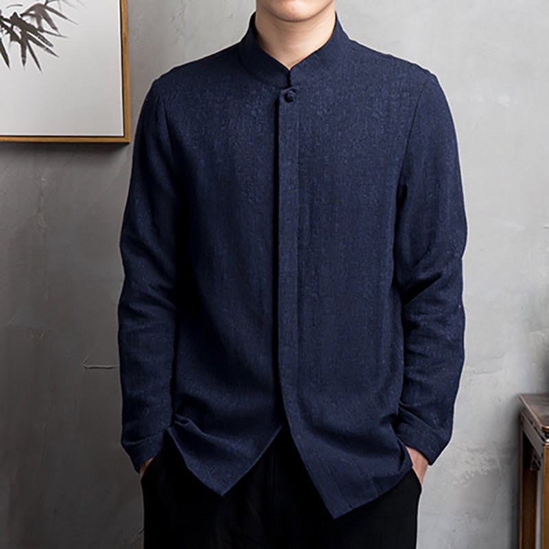 Men's stand-up collar cotton linen long-sleeved shirt, retro Chinese cotton linen casual shirt