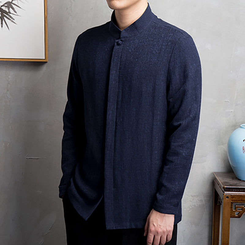 Men's stand-up collar cotton linen long-sleeved shirt, retro Chinese cotton linen casual shirt