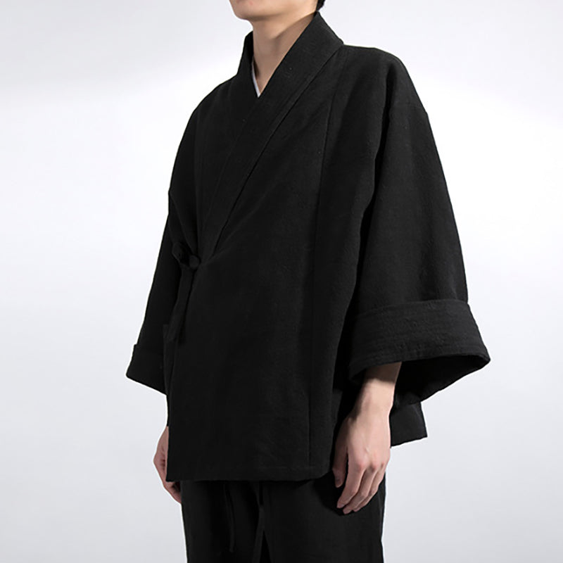 Vintage Japanese cotton linen kimono, Chinese V-neck jacket