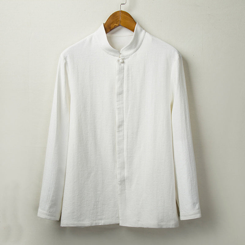 Men's stand-up collar cotton linen long-sleeved shirt, retro Chinese cotton linen casual shirt