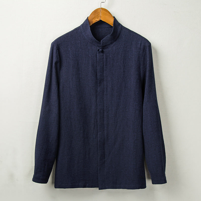 Men's stand-up collar cotton linen long-sleeved shirt, retro Chinese cotton linen casual shirt