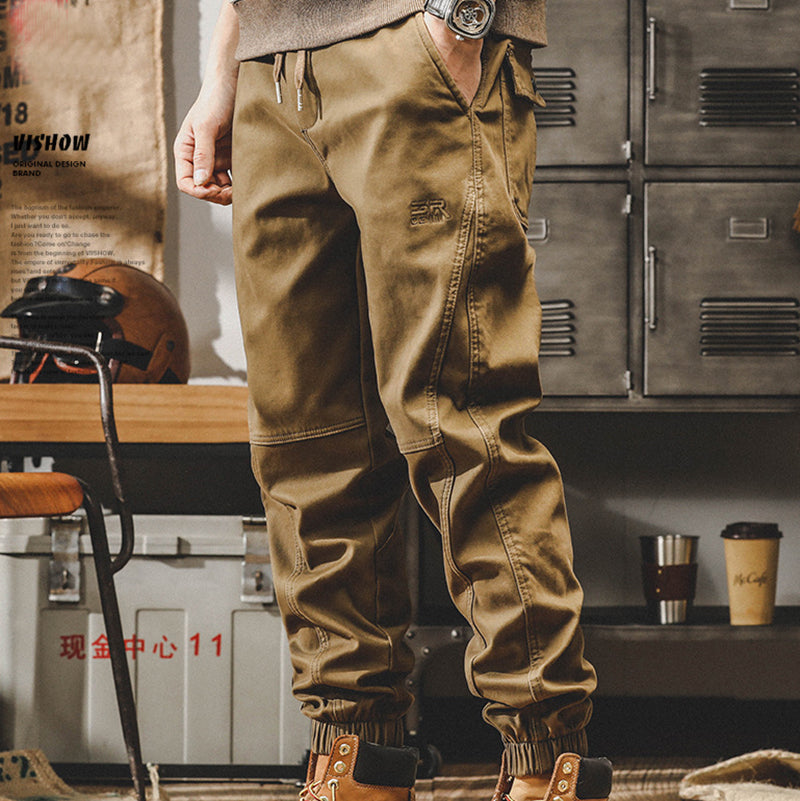 Men's loose cotton casual cargo pants, elasticated waist cotton workwear ankle pants