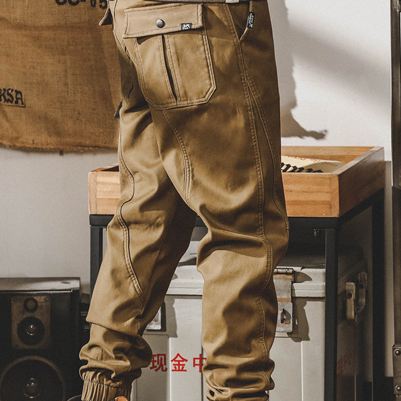 Men's loose cotton casual cargo pants, elasticated waist cotton workwear ankle pants