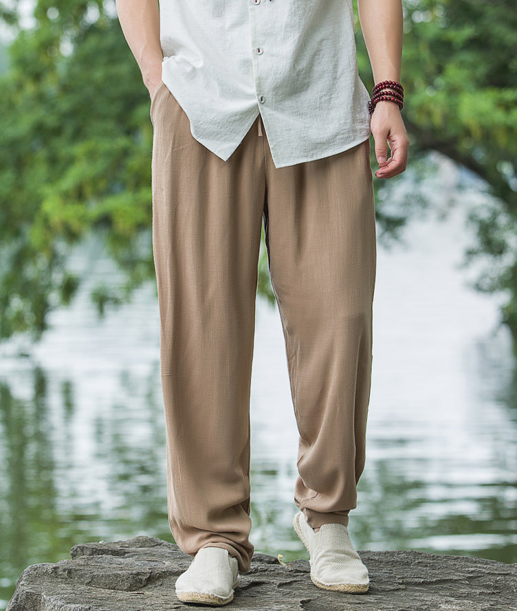 Men's Cotton Linen Casual Pants, Loose Elastic Waist Cotton Linen Tapered Pants