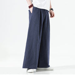 Elastic Waist Cotton Linen Wide Leg Pants, Men's Casual Cotton Linen Wide Leg Pants