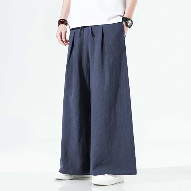 Elastic Waist Cotton Linen Wide Leg Pants, Men's Casual Cotton Linen Wide Leg Pants