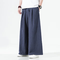 Elastic Waist Cotton Linen Wide Leg Pants, Men's Casual Cotton Linen Wide Leg Pants