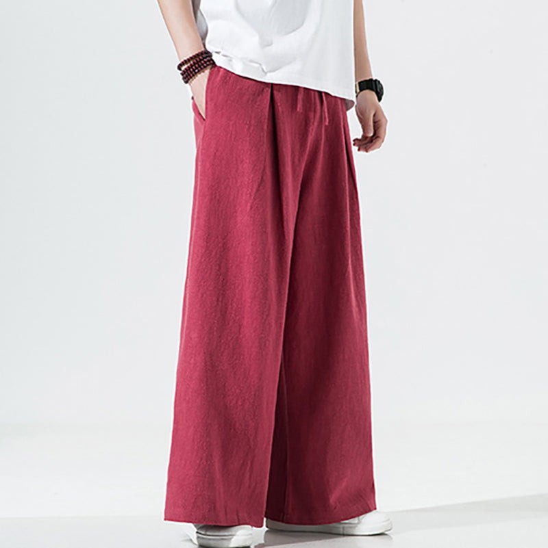 Elastic Waist Cotton Linen Wide Leg Pants, Men's Casual Cotton Linen Wide Leg Pants