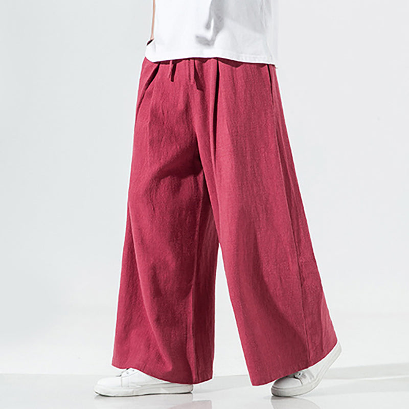 Elastic Waist Cotton Linen Wide Leg Pants, Men's Casual Cotton Linen Wide Leg Pants