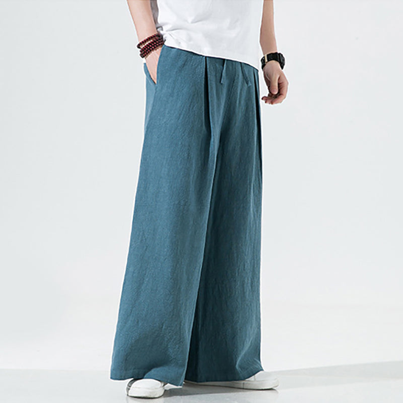 Elastic Waist Cotton Linen Wide Leg Pants, Men's Casual Cotton Linen Wide Leg Pants