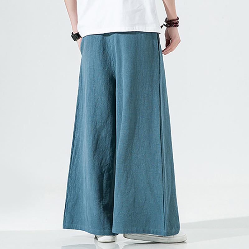 Elastic Waist Cotton Linen Wide Leg Pants, Men's Casual Cotton Linen Wide Leg Pants