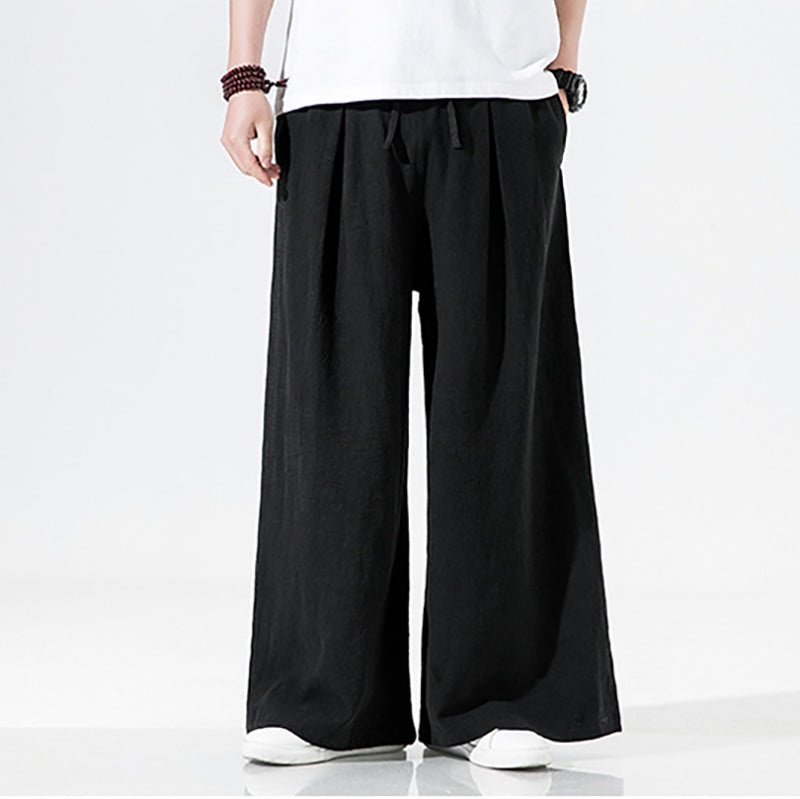 Elastic Waist Cotton Linen Wide Leg Pants, Men's Casual Cotton Linen Wide Leg Pants