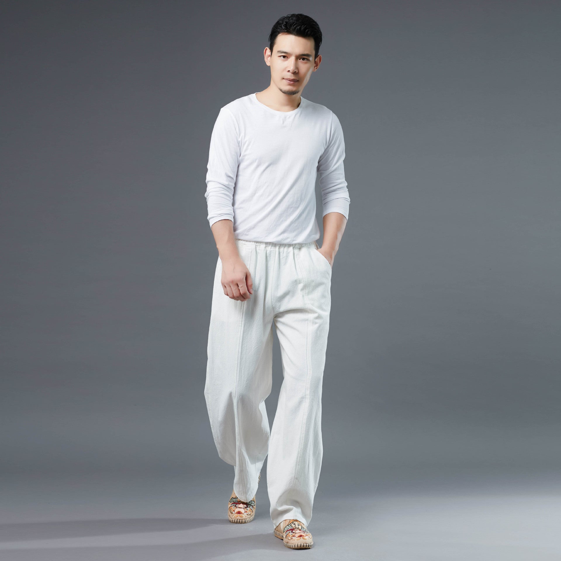 Men's Cotton Linen Straight Leg Pants, Elastic Waist Vintage Cotton Linen Pants